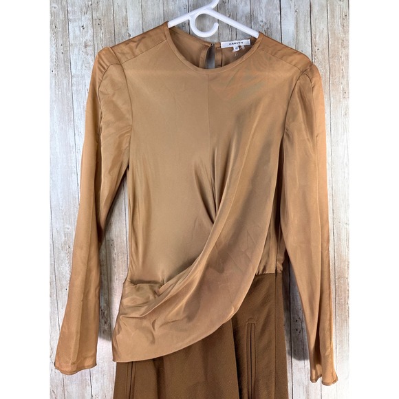 Vintage Carven Dress 40 Camel Faux Draped Two Textured Flare Skirt Keyhole Y2K - Picture 6 of 9